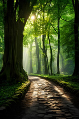 Serene Journey: Sun-dappled Forest Path Beckoning Nature Lovers into its Peaceful Embrace