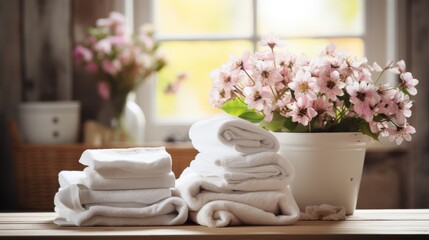 Fototapeta na wymiar Towels detergent and fabric softener