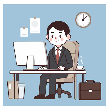 A man sitting in front of a computer at work or job. vector art