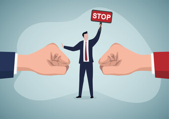 Businessman Mediating a Conflict Between two Businessmen. Business Conflict Disputes. Stop conflict.