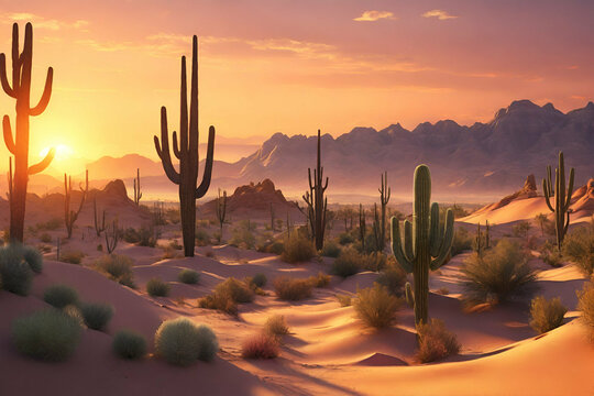 Desert landscape at sunset with cactus