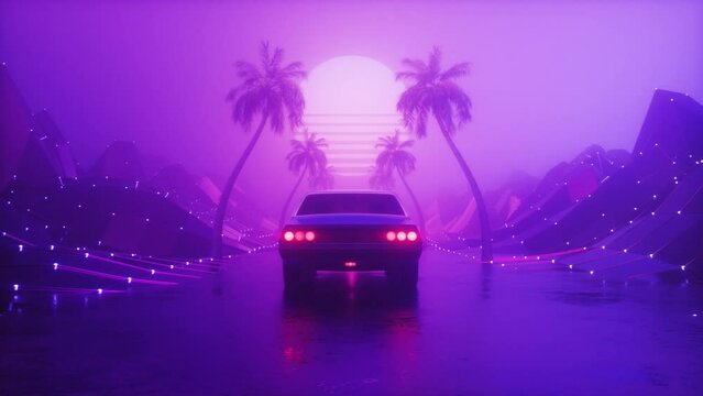 Futuristic SynthWave Backdrop of Riding Sports Car at Foggy Road Loop