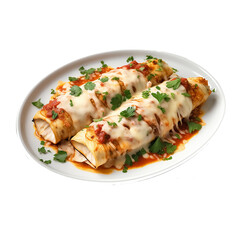 a white platter is layered with two chicken enchilladas.