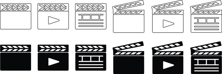 Clapperboard icons Set. Movie shooting clapper board vectors. Film cinema or tv clapperboard symbols. cinema action scene cut clap board signs in flat styles editable stock on transparent background.