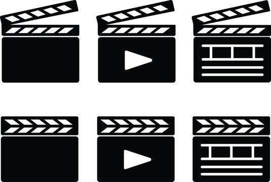 Clapperboard icons Set. Open and close movie shooting clapper board vectors. Film, cinema or tv clapperboard symbols. cinema action scene cut clap board signs in fill style on transparent background .