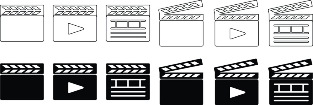 Clapperboard icons Set. Movie shooting clapper board vectors. Film cinema or tv clapperboard symbols. cinema action scene cut clap board signs in flat styles editable stock on transparent background.