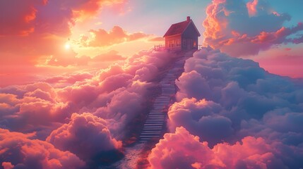 Fantasy House on Floating Clouds at Sunrise