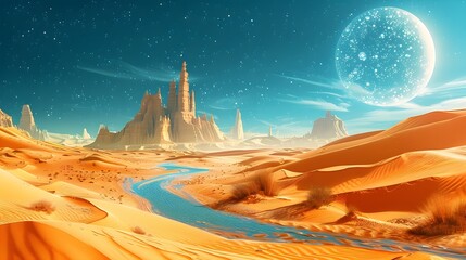 Desert Landscape with Alien Planet in Gothic Futurism Style