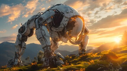 Fototapeta na wymiar Futuristic Robot in a Hyper-Realistic Field at Sunset