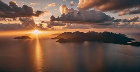 The sun peeks over the crest of an island mountain, over the surrounding sea and clouds. Generative...
