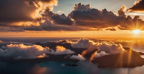 The sun peeks over the crest of an island mountain, over the surrounding sea and clouds. Generative...