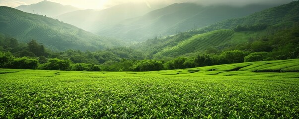 a green field of tea in the style of isolated landscapes