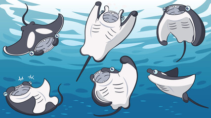 Set of Manta Ray Cartoon Bundle, The Sea Life in The Ocean Background - obrazy, fototapety, plakaty