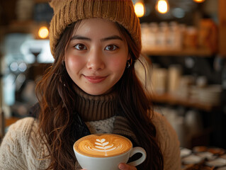Young Asian lady having a relaxing coffee time in cafe