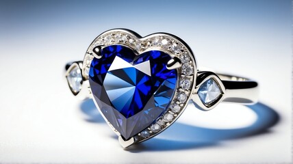Blue heart shaped sapphire gemstome on a silver ring on plain white background from Generative AI