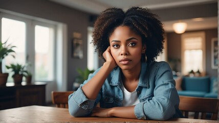 Portrait of a beautiful young worried black woman on a table in the living room background from Generative AI - obrazy, fototapety, plakaty