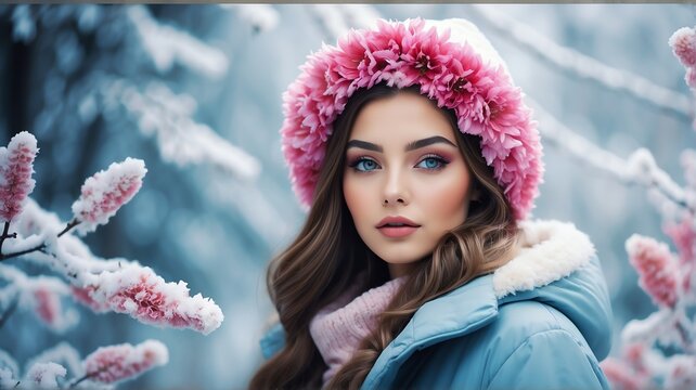 Portrait of a beautiful young woman dressed in concept of winter theme with flowers background from Generative AI