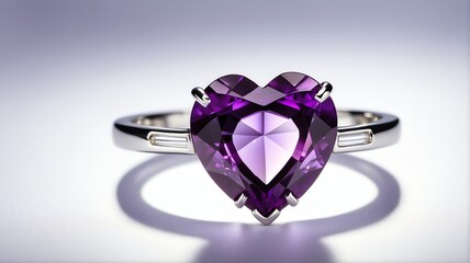 Purple heart shaped amethyst gemstome on a silver ring on plain white background from Generative AI
