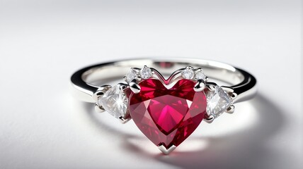 Red heart shaped ruby gemstome on a silver ring on plain white background from Generative AI