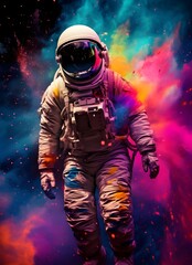 Astronaut on a colorful explosion galaxy