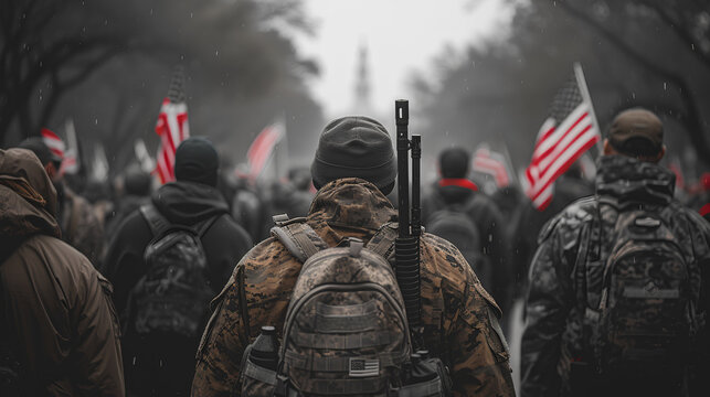 Political polarization - America divided - secession - civil war - conflict between the states - red versus blue - conservative versus liberal - militia - army - rally - soldier 