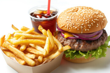 Cheeseburger French Fries and Soda with Ice To Go, Tasty Fresh Fast Food, Delicious Culinary Menu Objects