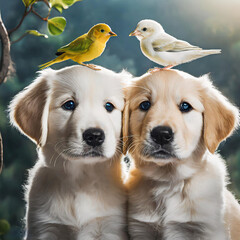 Two cute Golden retriever puppies with a bird on head.