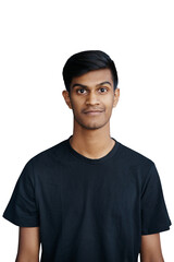 Indian male person, portrait and smile for simple, casual and confident style with minimalist look....