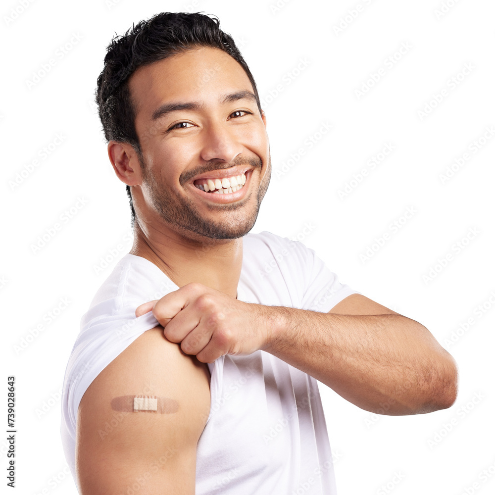 Sticker Portrait, man and smile with plaster for vaccination, immunization and injection site for COVID 19. Male person, laugh and proud of corona virus vaccine on isolated transparent png background