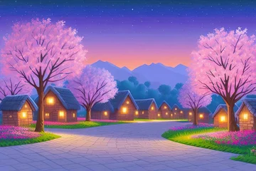 Foto op Plexiglas Beautiful and colorful illustration of a village with trees, flowers and peaceful sky, landscape, countryside, serene, tranquil, vibrant © Imejing