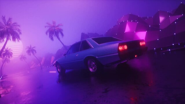 RetroWave Riding Car at Foggy Landscape SynthWave Style Background