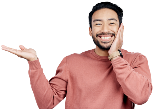 Hand, offer or shy man portrait with announcement, promo or deal on isolated, transparent or png background. Palm, showing and model face show for prize, giveaway or competition results and feedback