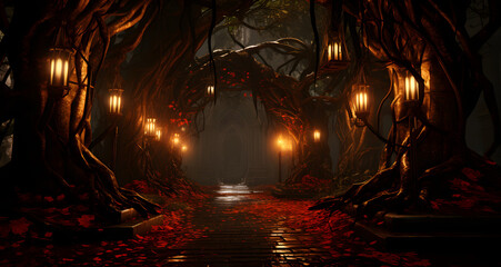an illuminated pathway in the forest