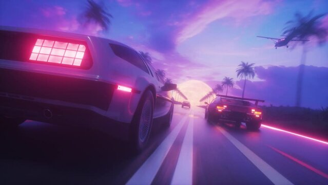 SynthWave Style Background of Riding Cars Loop