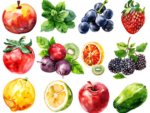 set of fresh vegetables and fruits, watercolor style