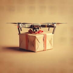 Drone package gift delivery, UAV flying and carrying a box - parcel shipping logistics futuristic concept, cargo delivery service