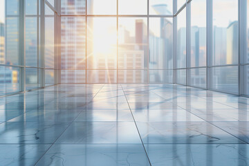 Beautifully blurred background of light modern office interior with panoramic windows. AI Generated