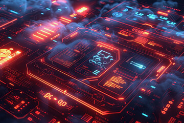 Cyber security cloud, detailed interfaces, dark background. AI Generated