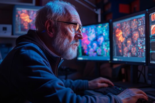 Elderly technician with beard monitors advanced computational data, deep in analysis at high-tech workstation. Senior data analyst engrossed in vibrant display screens, meticulous in technology-driven