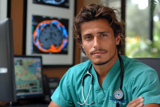 Curly-haired male doctor in green scrubs ponders next to brain scan images, his expertise palpable in clinic. Thoughtful medical expert with stethoscope contemplates diagnostic scans