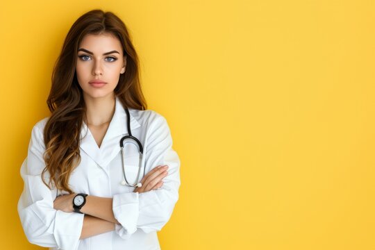  Confident young female physician stands with arms crossed, white lab coat draped over yellow backdrop, stethoscope around neck.  Medical professional with curly hair in white attire exudes assurance