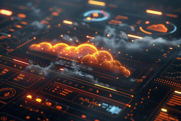 Cyber security cloud, detailed interfaces, dark background. AI Generated