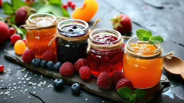 Assortment of summer seasonal berry and fruits jams in small jars, homemade preserving concept, marmalades or confitures with fresh berries on white background copy space