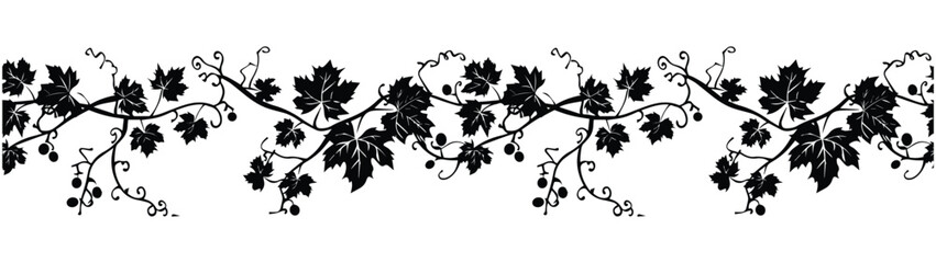 silhouette of grape vines leaf on transparent background. continuous pattern of vitis leaves vines. natural border design vector. - obrazy, fototapety, plakaty