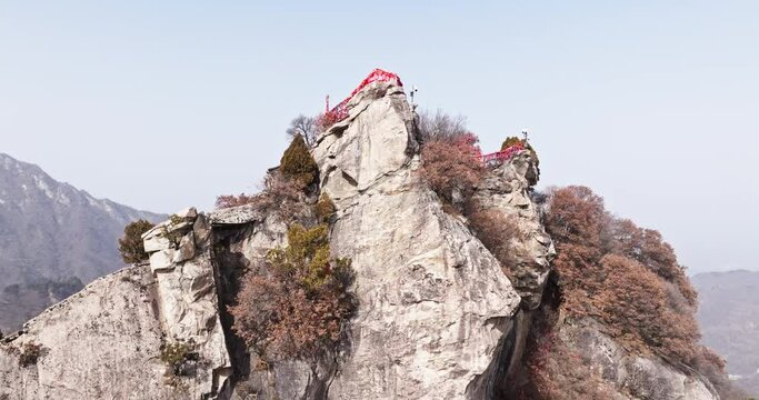 Aerial landscape of Cuihua Mountain in Xi'an, Shaanxi China, tourists on the top of the cliff