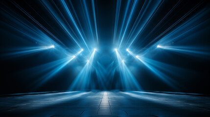 Blue stage curtain with spotlights, live show illumination, wooden stage, dramatic lighting design,...