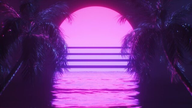 SynthWave Background of Palm Trees and Ocean Backdrop Loop