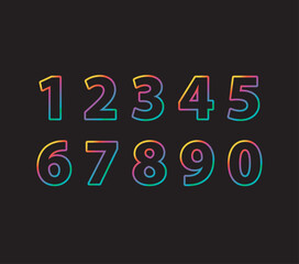 number zero to nine gradient colorful, vibrant colors, rainbow. black background. blue,red,green,yellow,orange,purple
