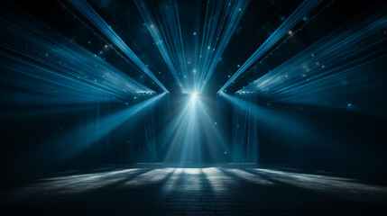 Fototapeta na wymiar Blue stage curtain with spotlights. scene, stage light with colored spotlights and smoke. Stage on the dark floor with lights on the perimeter. theater stage Art concept.