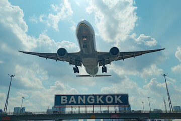 Plane landing in BANGKOK with "BANGKOK" road sign in foreground, travel Thailand